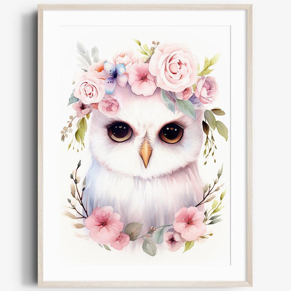 Watercolor Floral Owl Portrait Wall Art Illustration Print Poster Unframed